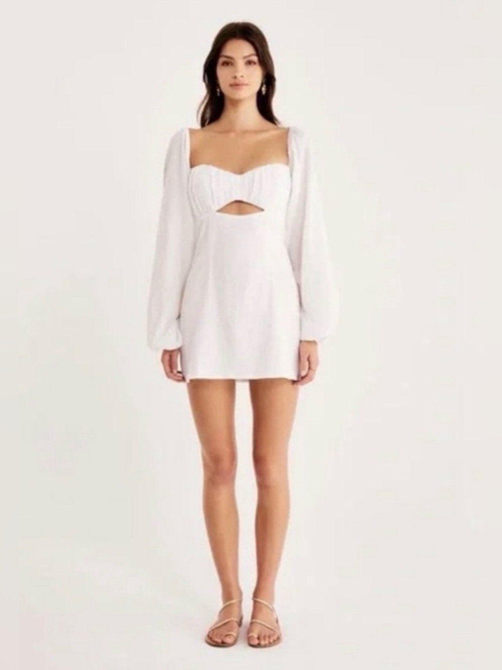 Rumer white 100% cotton mini dress, front cut-out, long sleeves , Camille small